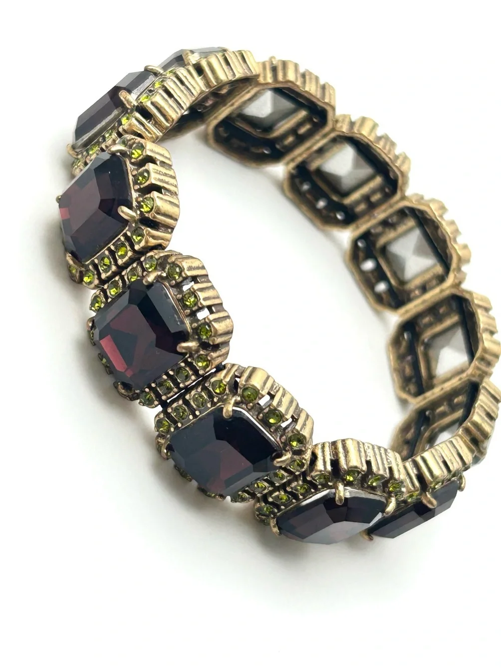 J. Crew Deep Red and Green Jeweled Links Stretch Bracelet